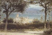 Albert goodwin,r.w.s The Town of Spiez on Lake Thun,Switzerland (mk37) oil